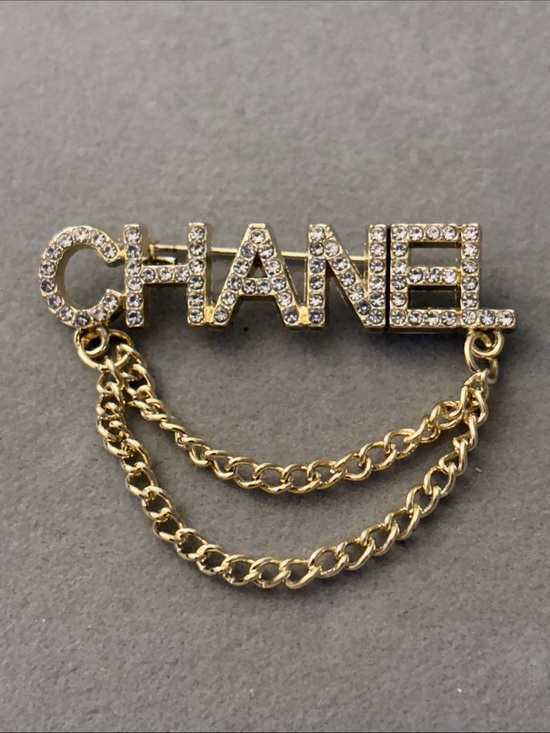 Accessories - Gold-Tone Crystal Logo Chain Brooch